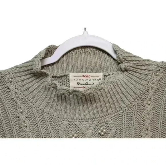 Vintage 90s Cable Knit Sweater Size Large Green Ramie Cotton Beaded Hand Knit - Picture 8 of 13